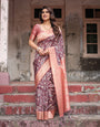 Maroon Banarasi Silk Saree with Peach Zari Border and Paisley Motifs