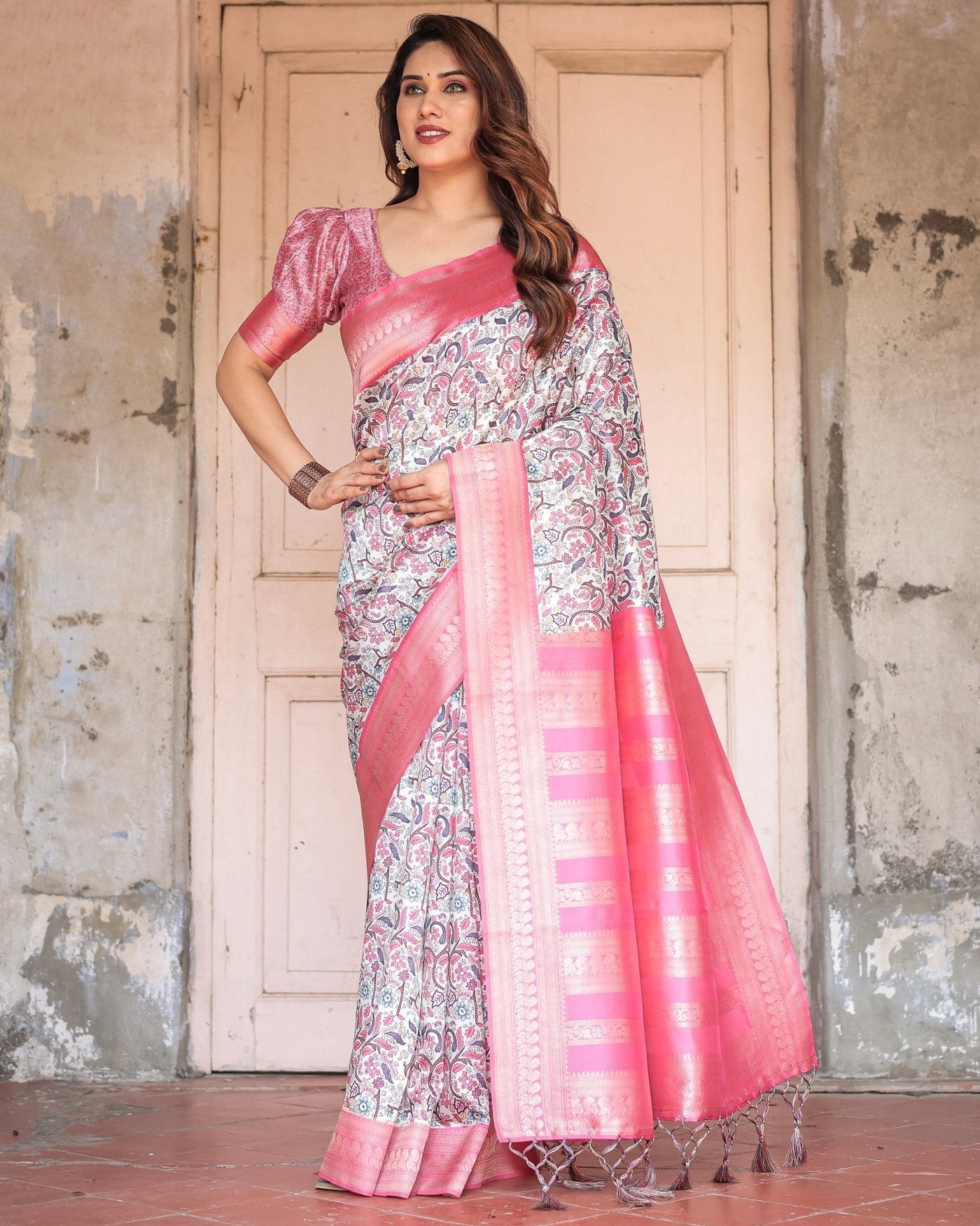 Pure Banarasi Digitally Printed Silk Saree Weaved With Zari Comes With Tassels. - Almaari Fashion