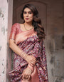 Maroon Banarasi Silk Saree with Peach Zari Border and Paisley Motifs