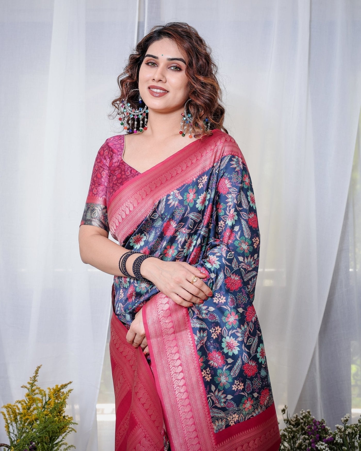 Pure Banarasi Digitally Printed Silk Saree Weaved With Zari Comes With Tassels. - Almaari Fashion