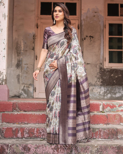 Pure Banarasi Digitally Printed Silk Saree Weaved With Zari Comes With Tassels - Almaari Fashion