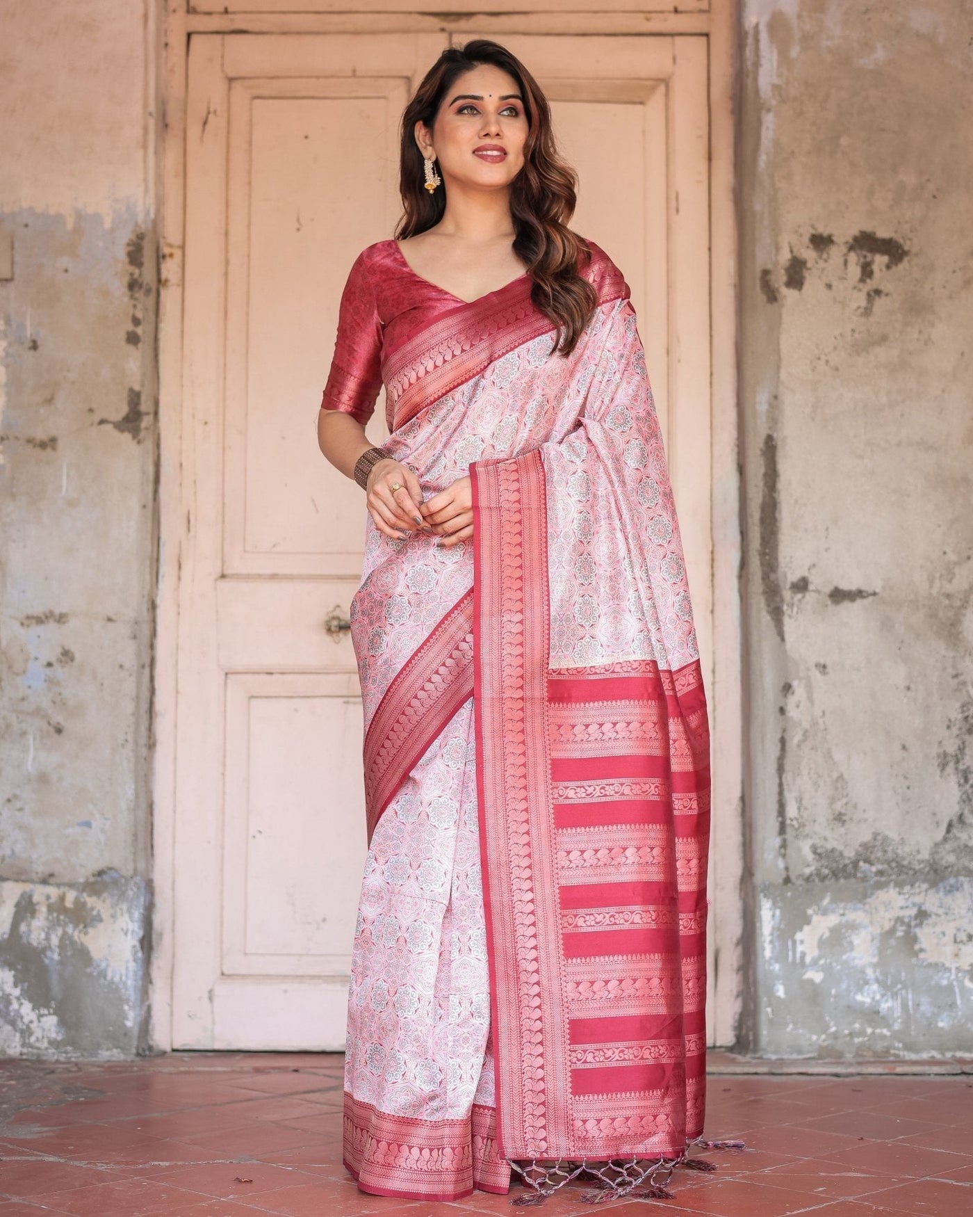 Pure Banarasi Digitally Printed Silk Saree Weaved With Zari Comes With Tassels. - Almaari Fashion