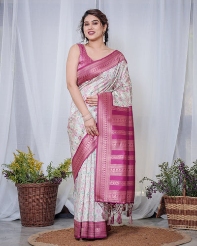 Pure Banarasi Digitally Printed Silk Saree Weaved With Zari Comes With Tassels. - Almaari Fashion