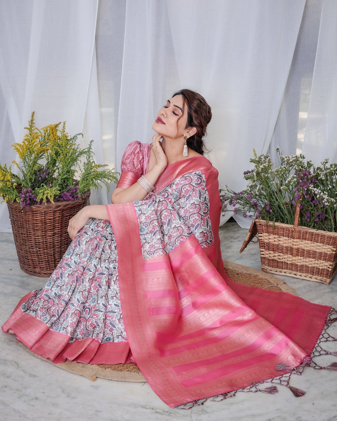 Pure Banarasi Digitally Printed Silk Saree Weaved With Zari Comes With Tassels. - Almaari Fashion