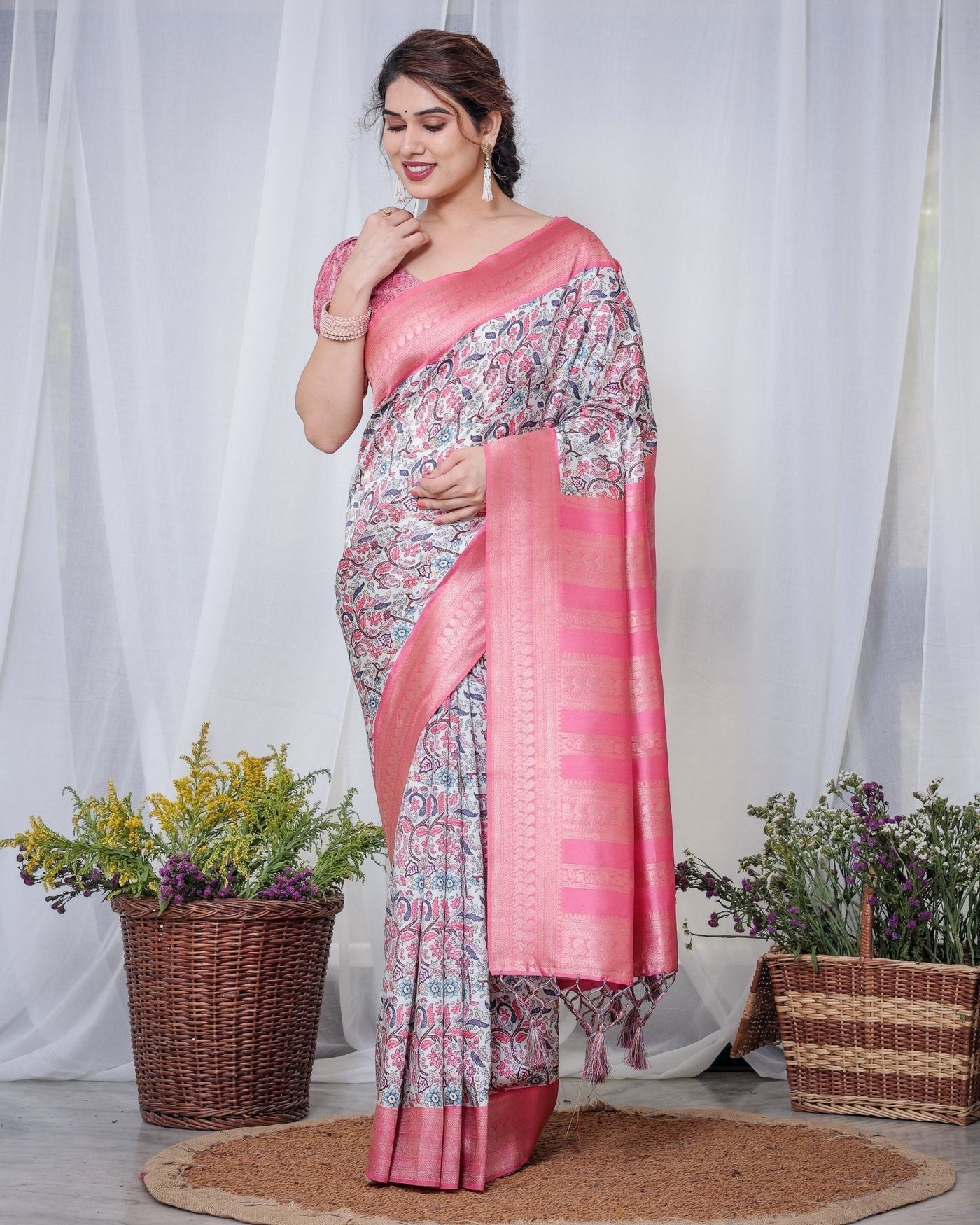 Pure Banarasi Digitally Printed Silk Saree Weaved With Zari Comes With Tassels. - Almaari Fashion