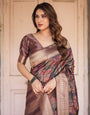 Rich Chocolate Banarasi Silk Saree with Geometric Print and Zari Border