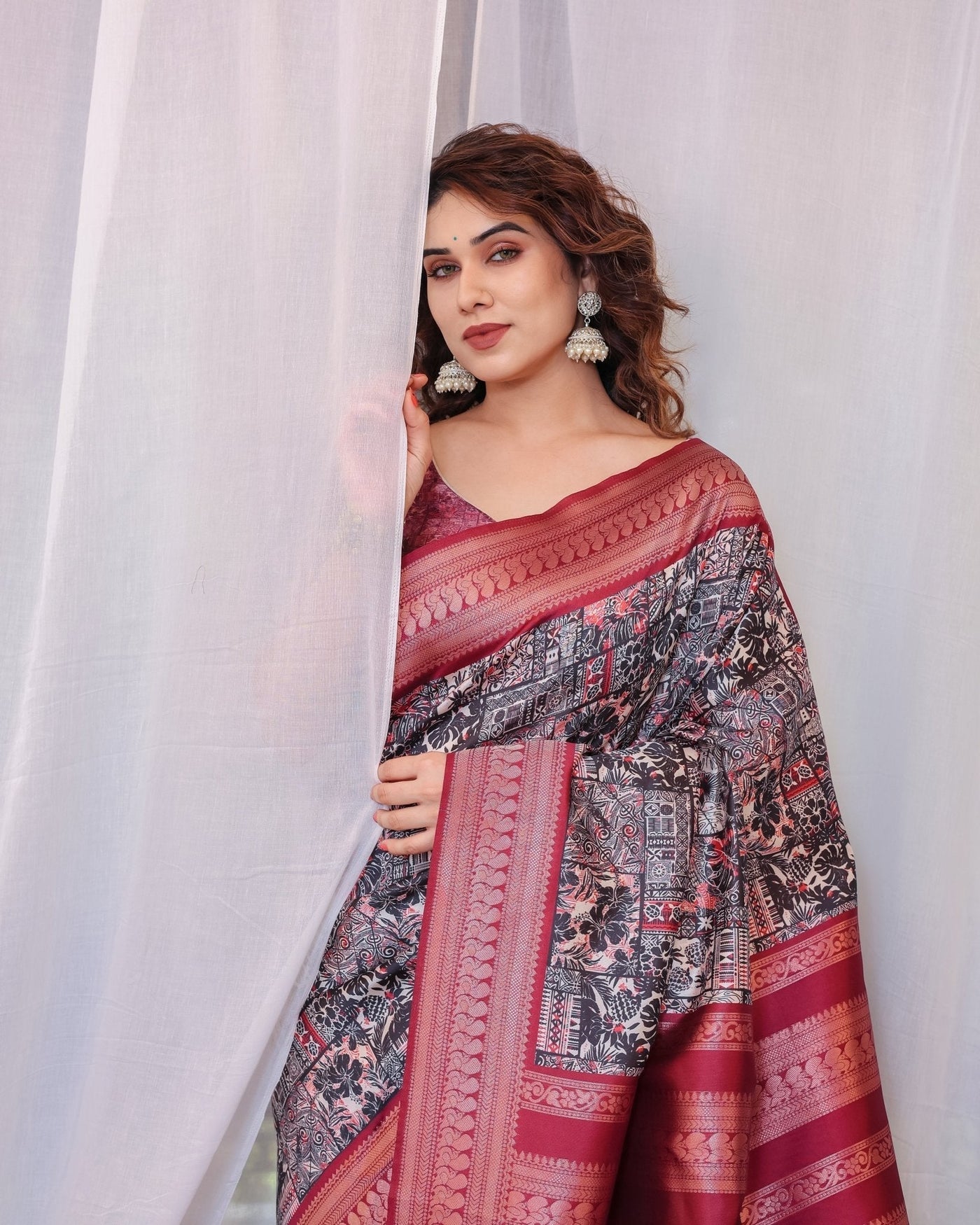 Pure Banarasi Digitally Printed Silk Saree Weaved With Zari Comes With Tassels. - Almaari Fashion