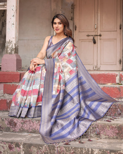 Pure Banarasi Digitally Printed Silk Saree Weaved With Zari Comes With Tassels - Almaari Fashion