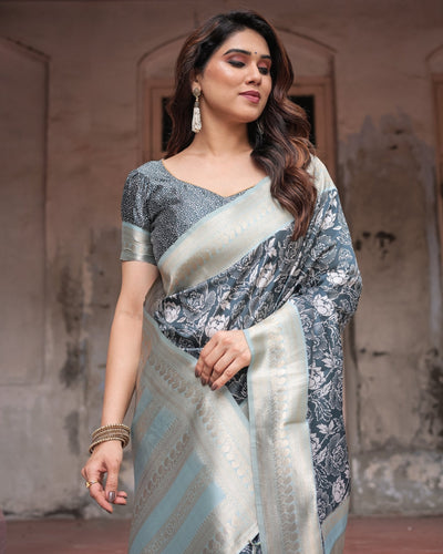 Pure Banarasi Digitally Printed Silk Saree Weaved With Zari Comes With Tassels - Almaari Fashion