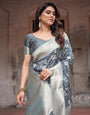 Sophisticated Floral Banarasi Silk Saree with Light Blue Zari Border