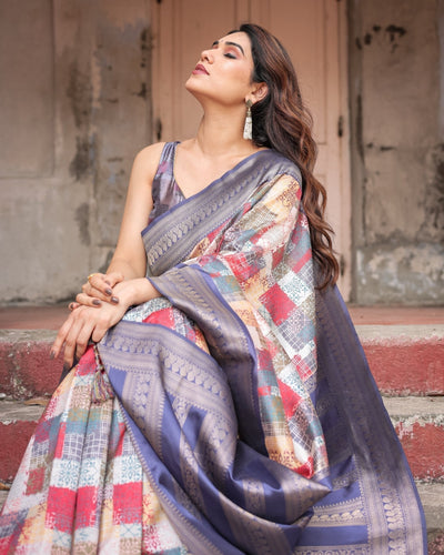 Pure Banarasi Digitally Printed Silk Saree Weaved With Zari Comes With Tassels - Almaari Fashion