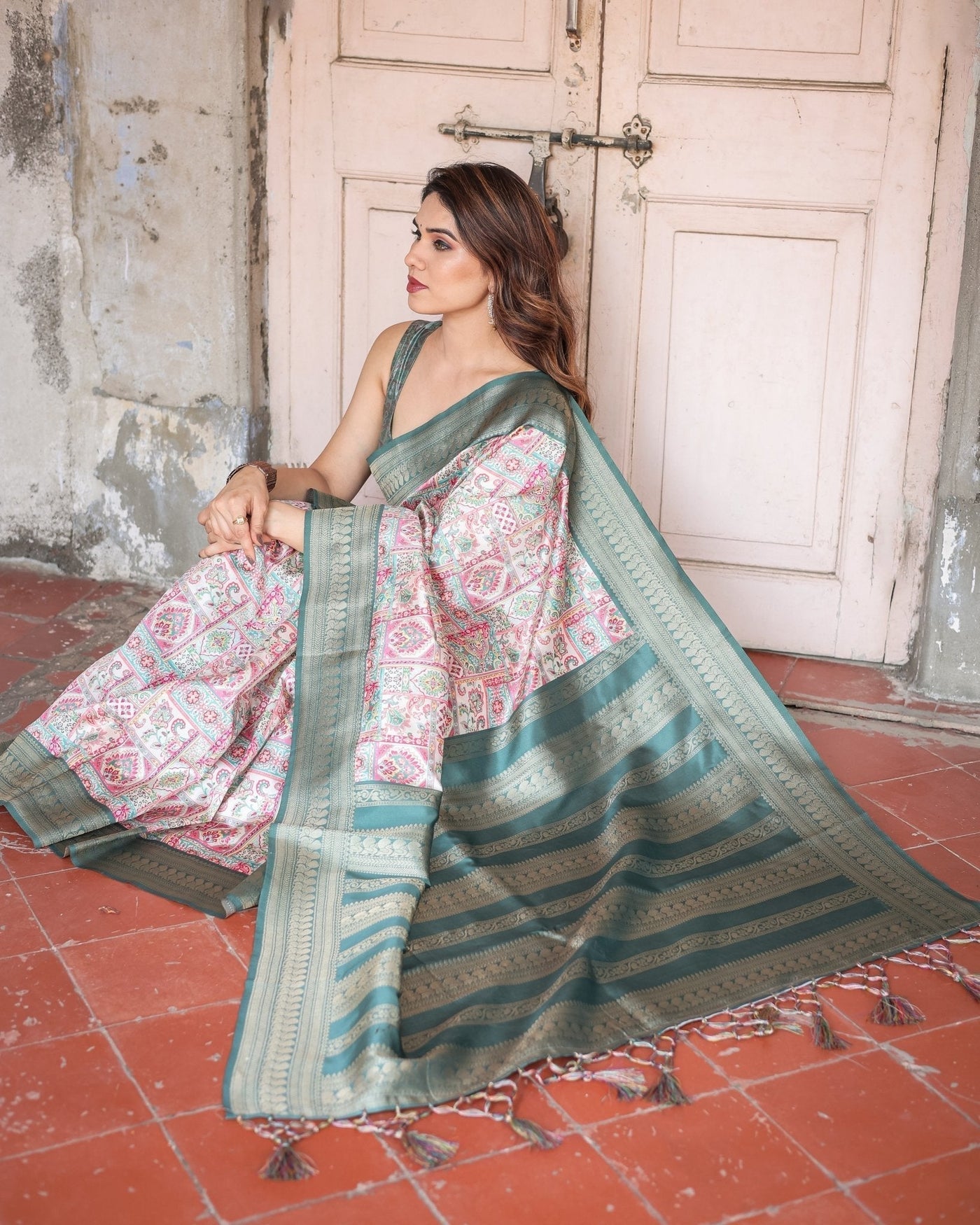 Pure Banarasi Digitally Printed Silk Saree Weaved With Zari Comes With Tassels. - Almaari Fashion