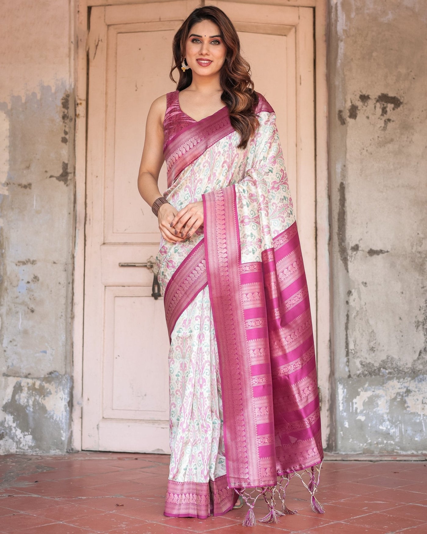 Pure Banarasi Digitally Printed Silk Saree Weaved With Zari Comes With Tassels. - Almaari Fashion