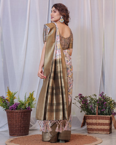 Pure Banarasi Digitally Printed Silk Saree Weaved With Zari Comes With Tassels. - Almaari Fashion