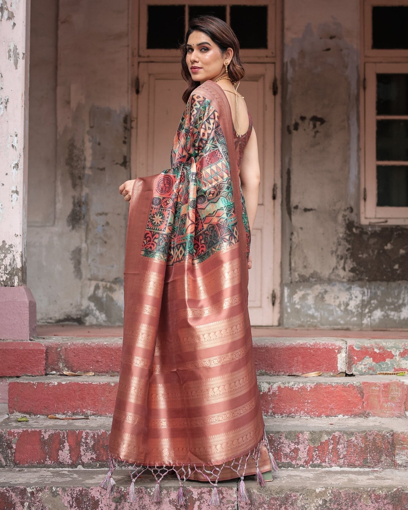 Pure Banarasi Digitally Printed Silk Saree Weaved With Zari Comes With Tassels - Almaari Fashion