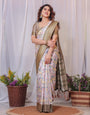 Pure Banarasi Digitally Printed Silk Saree Weaved With Zari Comes With Tassels.