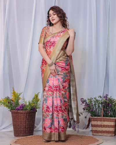 Pure Banarasi Digitally Printed Silk Saree Weaved With Zari Comes With Tassels. - Almaari Fashion