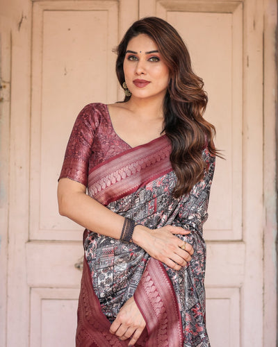 Pure Banarasi Digitally Printed Silk Saree Weaved With Zari Comes With Tassels. - Almaari Fashion