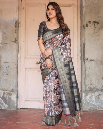 Pure Banarasi Digitally Printed Silk Saree Weaved With Zari Comes With Tassels. - Almaari Fashion