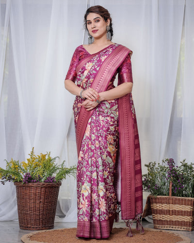 Pure Banarasi Digitally Printed Silk Saree Weaved With Zari Comes With Tassels. - Almaari Fashion