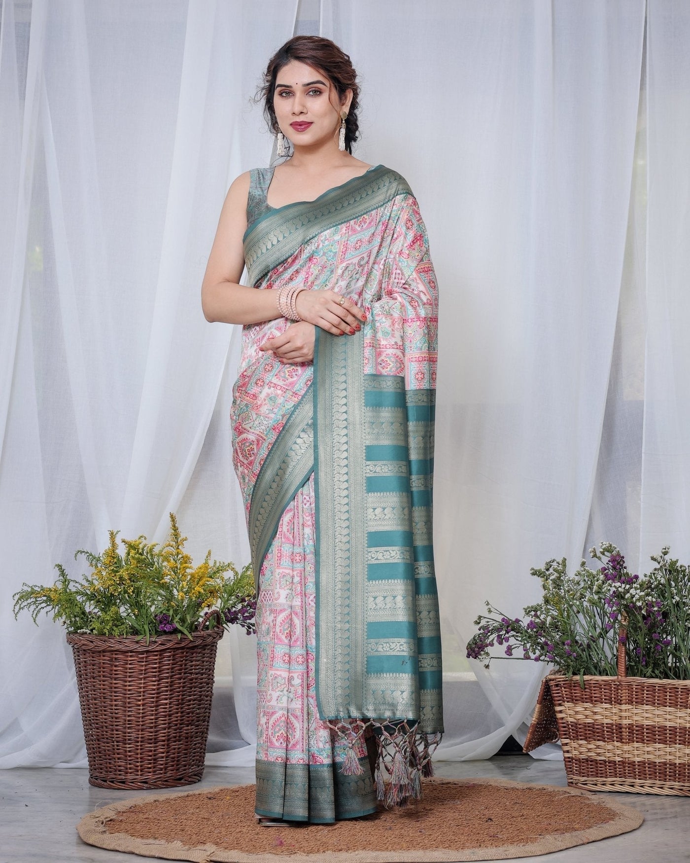 Pure Banarasi Digitally Printed Silk Saree Weaved With Zari Comes With Tassels. - Almaari Fashion