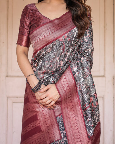 Pure Banarasi Digitally Printed Silk Saree Weaved With Zari Comes With Tassels. - Almaari Fashion