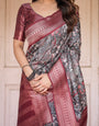 Black and Red Banarasi Silk Saree with Geometric Print and Rich Zari Border