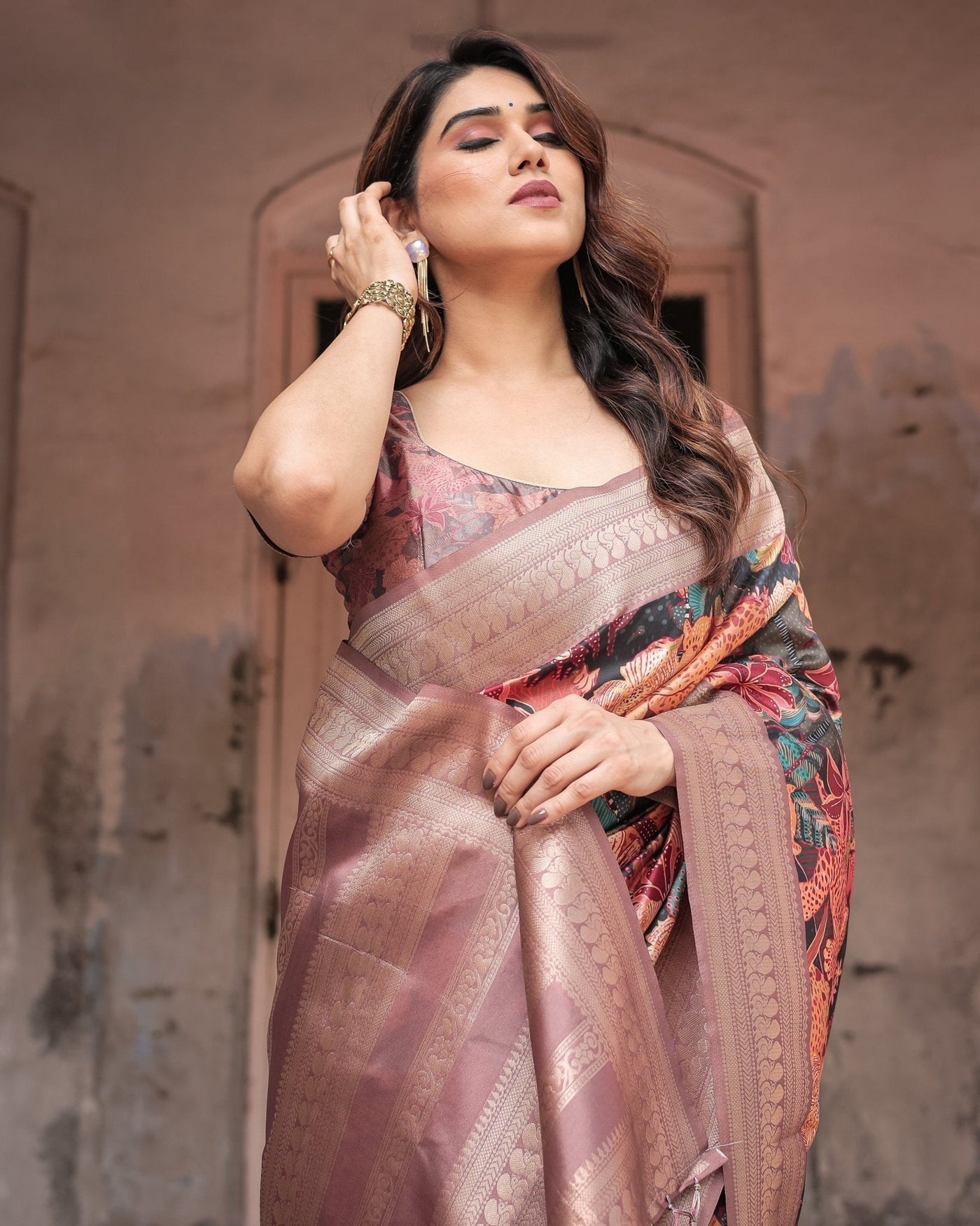 Pure Banarasi Digitally Printed Silk Saree Weaved With Zari Comes With Tassels - Almaari Fashion