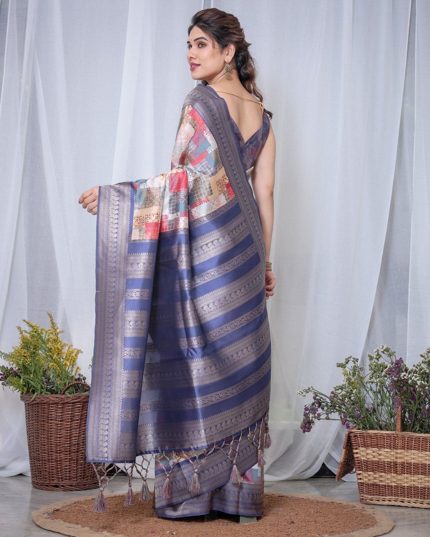 Pure Banarasi Digitally Printed Silk Saree Weaved With Zari Comes With Tassels. - Almaari Fashion