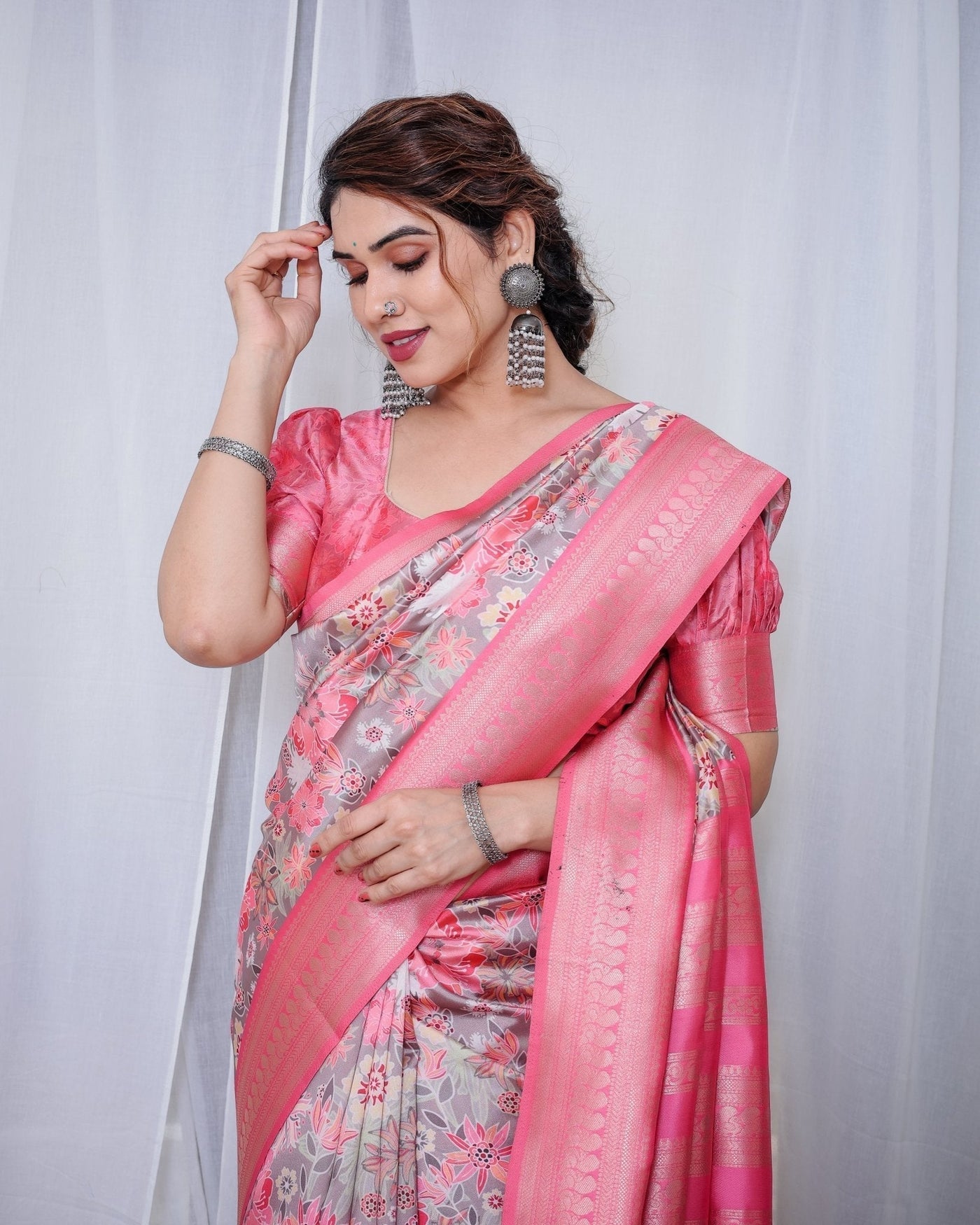 Pure Banarasi Digitally Printed Silk Saree Weaved With Zari Comes With Tassels. - Almaari Fashion