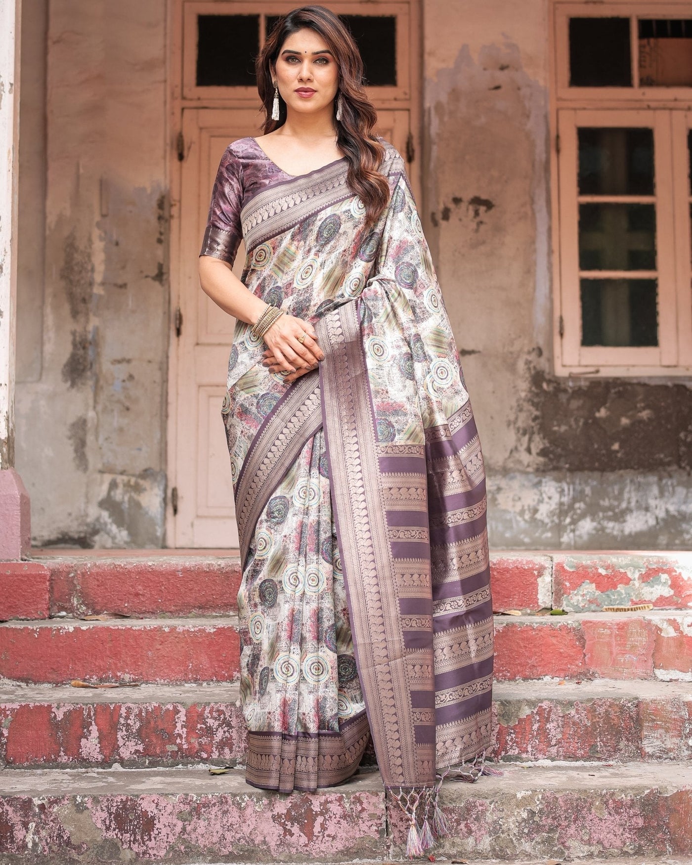 Pure Banarasi Digitally Printed Silk Saree Weaved With Zari Comes With Tassels - Almaari Fashion