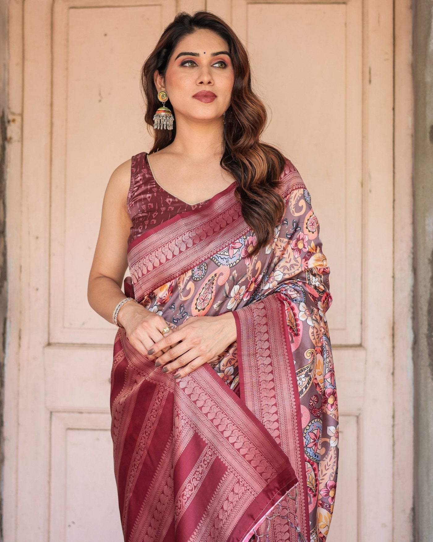 Pure Banarasi Digitally Printed Silk Saree Weaved With Zari Comes With Tassels. - Almaari Fashion