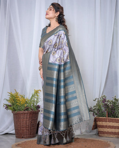 Pure Banarasi Digitally Printed Silk Saree Weaved With Zari Comes With Tassels. - Almaari Fashion