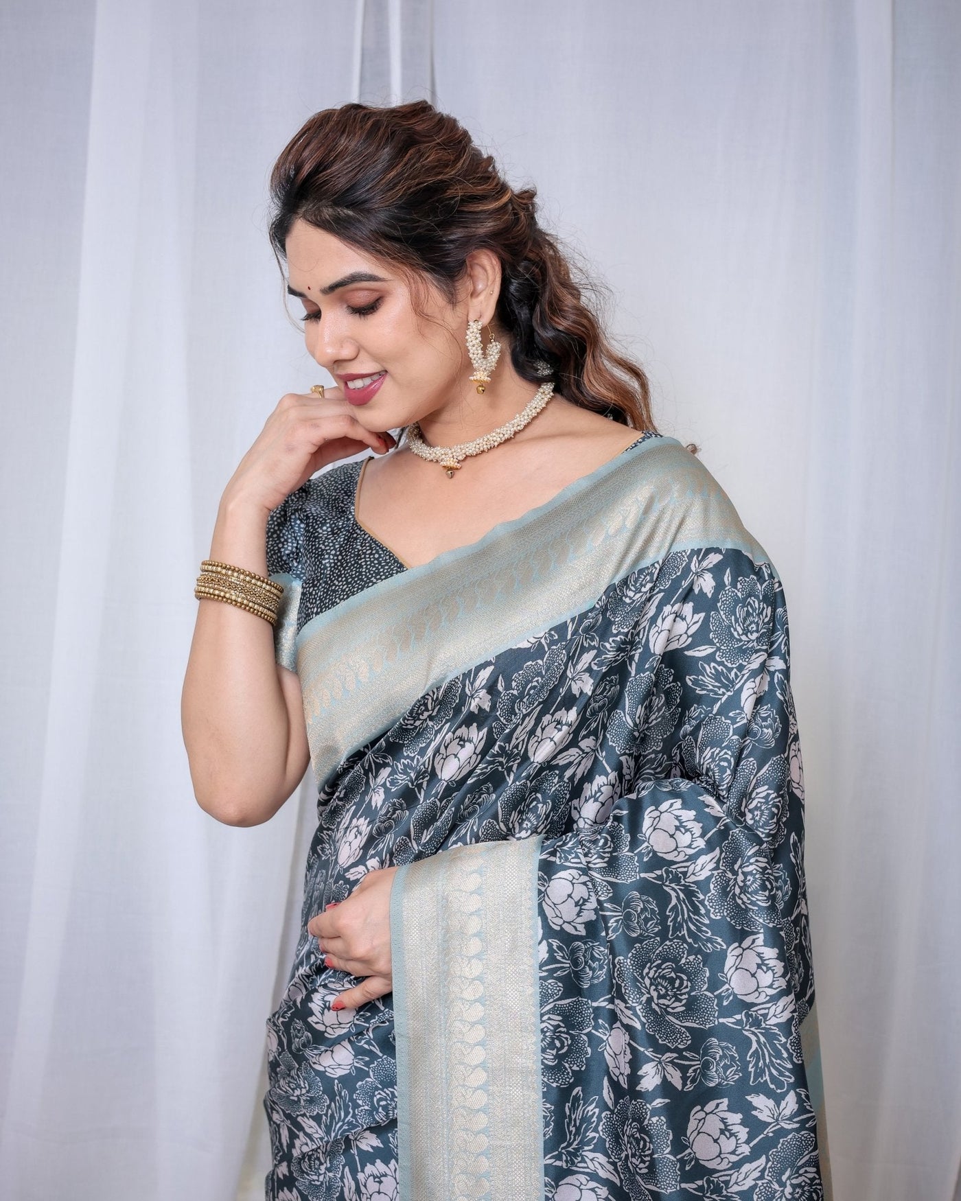 Pure Banarasi Digitally Printed Silk Saree Weaved With Zari Comes With Tassels. - Almaari Fashion