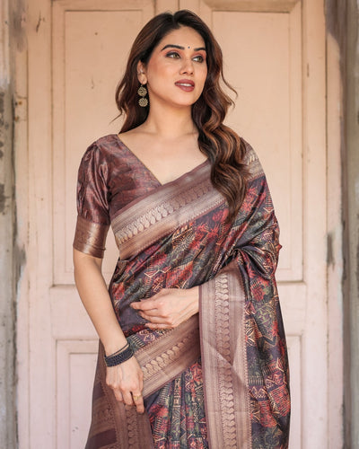 Pure Banarasi Digitally Printed Silk Saree Weaved With Zari Comes With Tassels. - Almaari Fashion