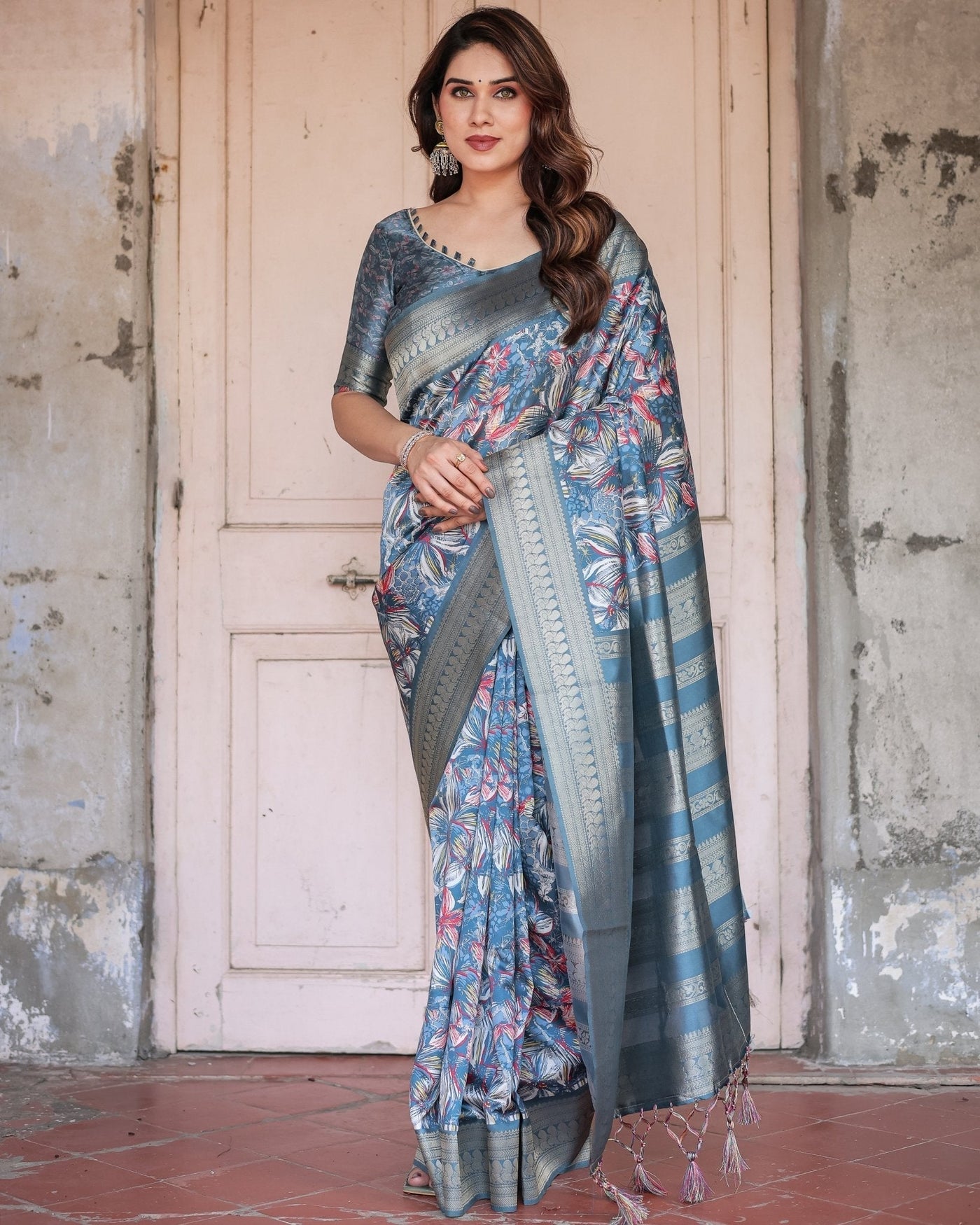 Pure Banarasi Digitally Printed Silk Saree Weaved With Zari Comes With Tassels. - Almaari Fashion