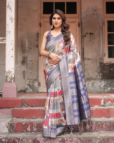 Pure Banarasi Digitally Printed Silk Saree Weaved With Zari Comes With Tassels - Almaari Fashion