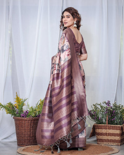 Pure Banarasi Digitally Printed Silk Saree Weaved With Zari Comes With Tassels. - Almaari Fashion