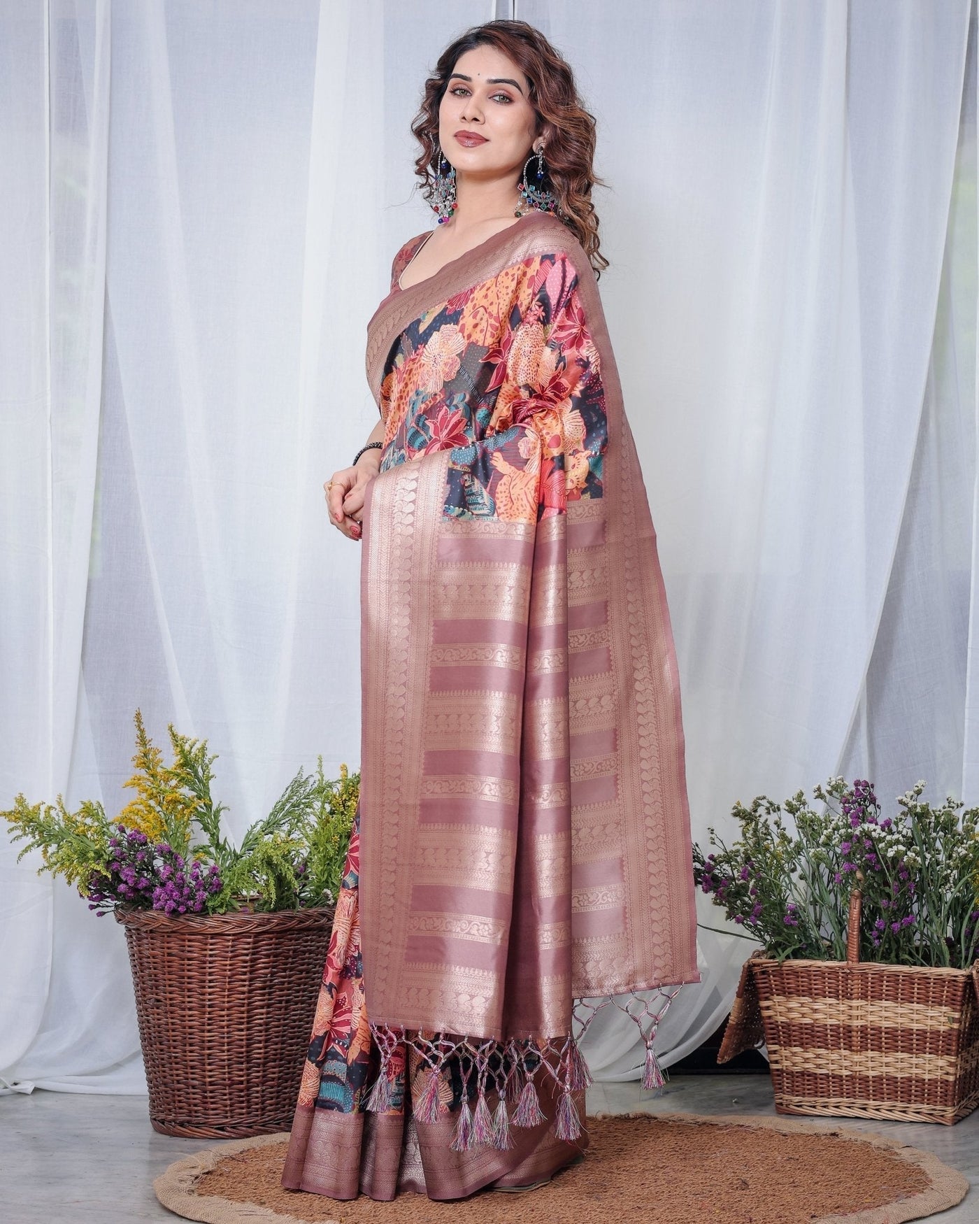 Pure Banarasi Digitally Printed Silk Saree Weaved With Zari Comes With Tassels. - Almaari Fashion