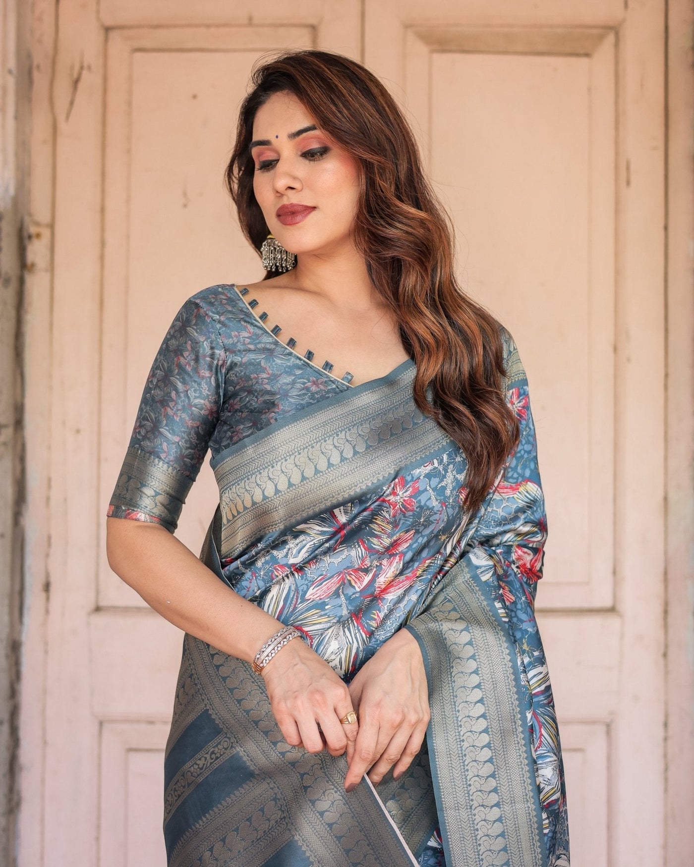 Pure Banarasi Digitally Printed Silk Saree Weaved With Zari Comes With Tassels. - Almaari Fashion