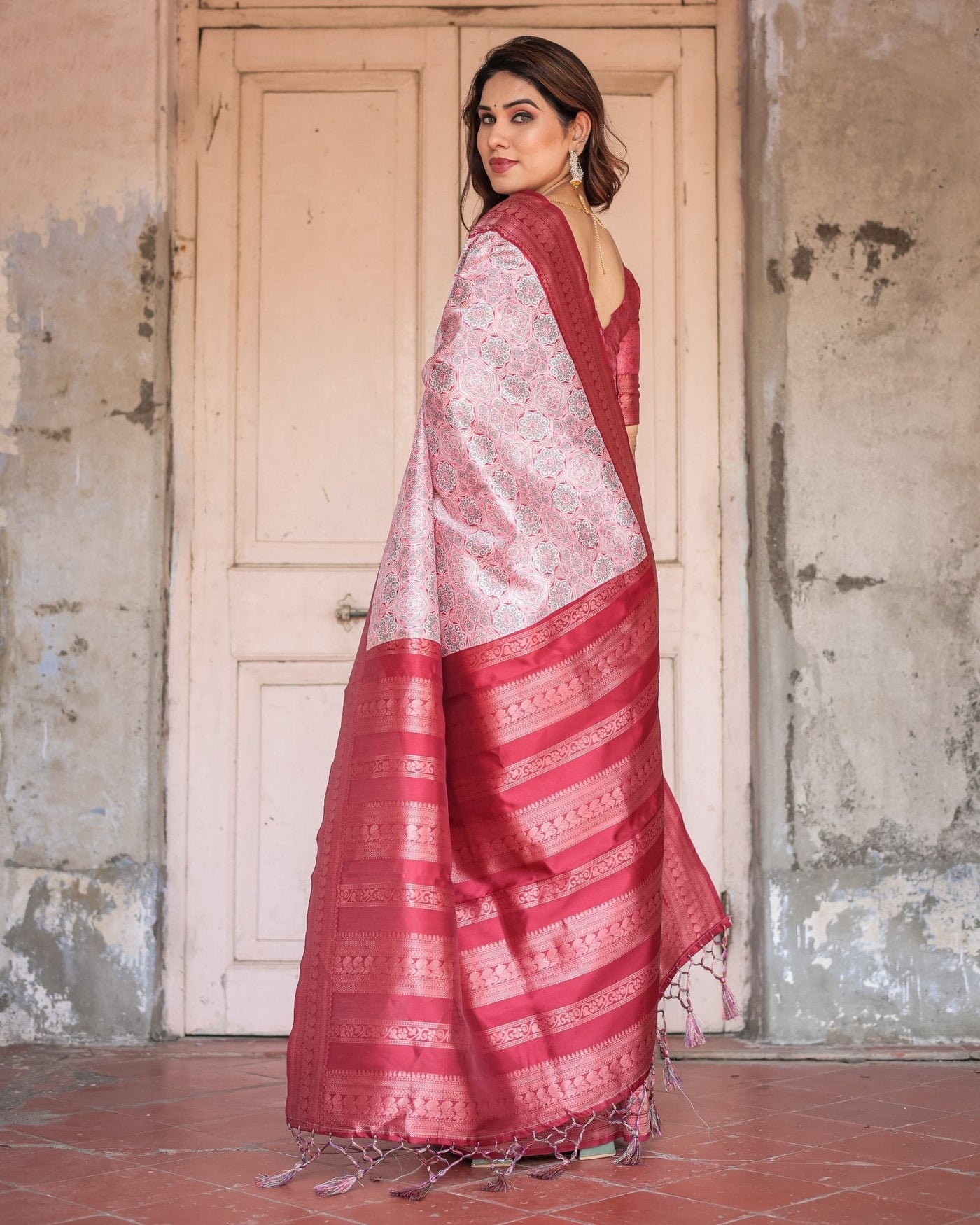 Pure Banarasi Digitally Printed Silk Saree Weaved With Zari Comes With Tassels. - Almaari Fashion