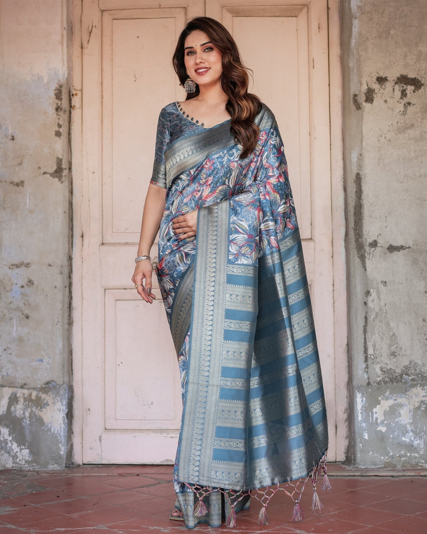 Pure Banarasi Digitally Printed Silk Saree Weaved With Zari Comes With Tassels. - Almaari Fashion