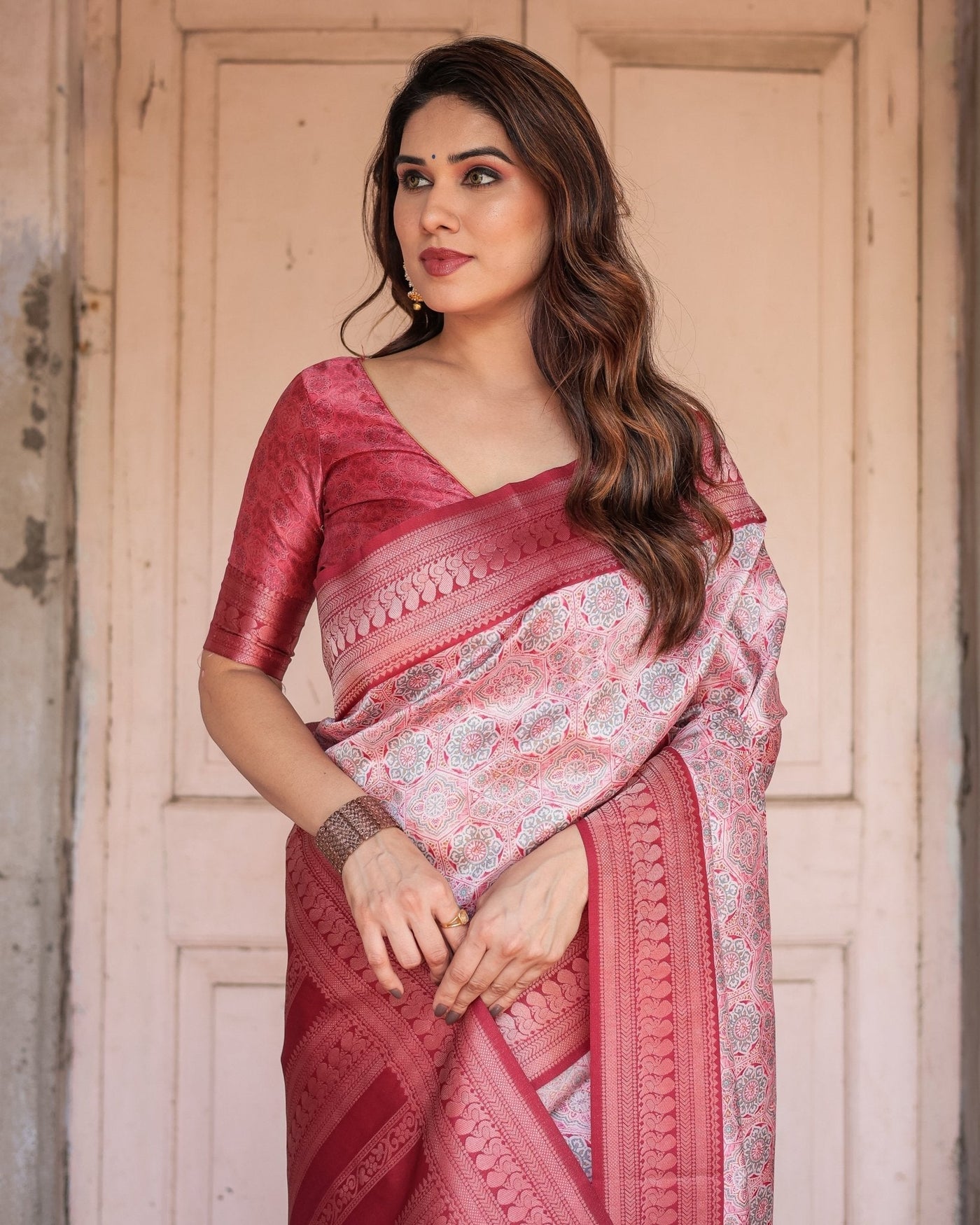 Pure Banarasi Digitally Printed Silk Saree Weaved With Zari Comes With Tassels. - Almaari Fashion