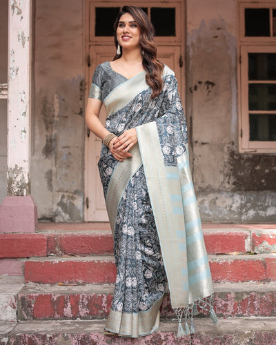 Pure Banarasi Digitally Printed Silk Saree Weaved With Zari Comes With Tassels - Almaari Fashion