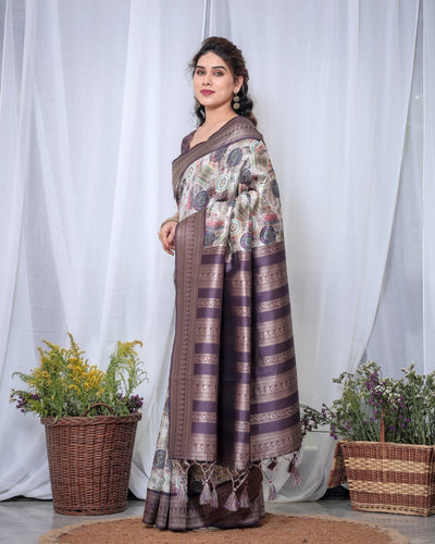 Pure Banarasi Digitally Printed Silk Saree Weaved With Zari Comes With Tassels. - Almaari Fashion