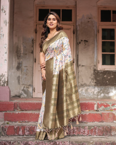 Pure Banarasi Digitally Printed Silk Saree Weaved With Zari Comes With Tassels - Almaari Fashion