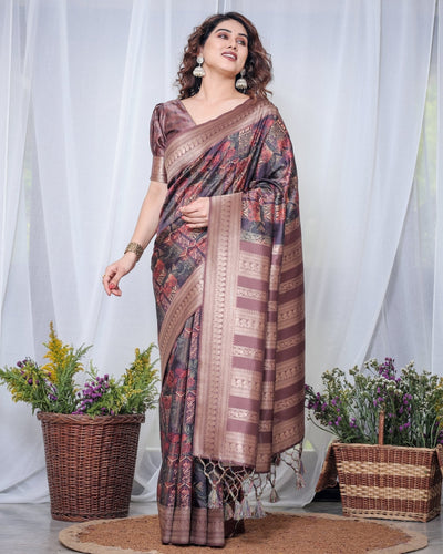 Pure Banarasi Digitally Printed Silk Saree Weaved With Zari Comes With Tassels. - Almaari Fashion