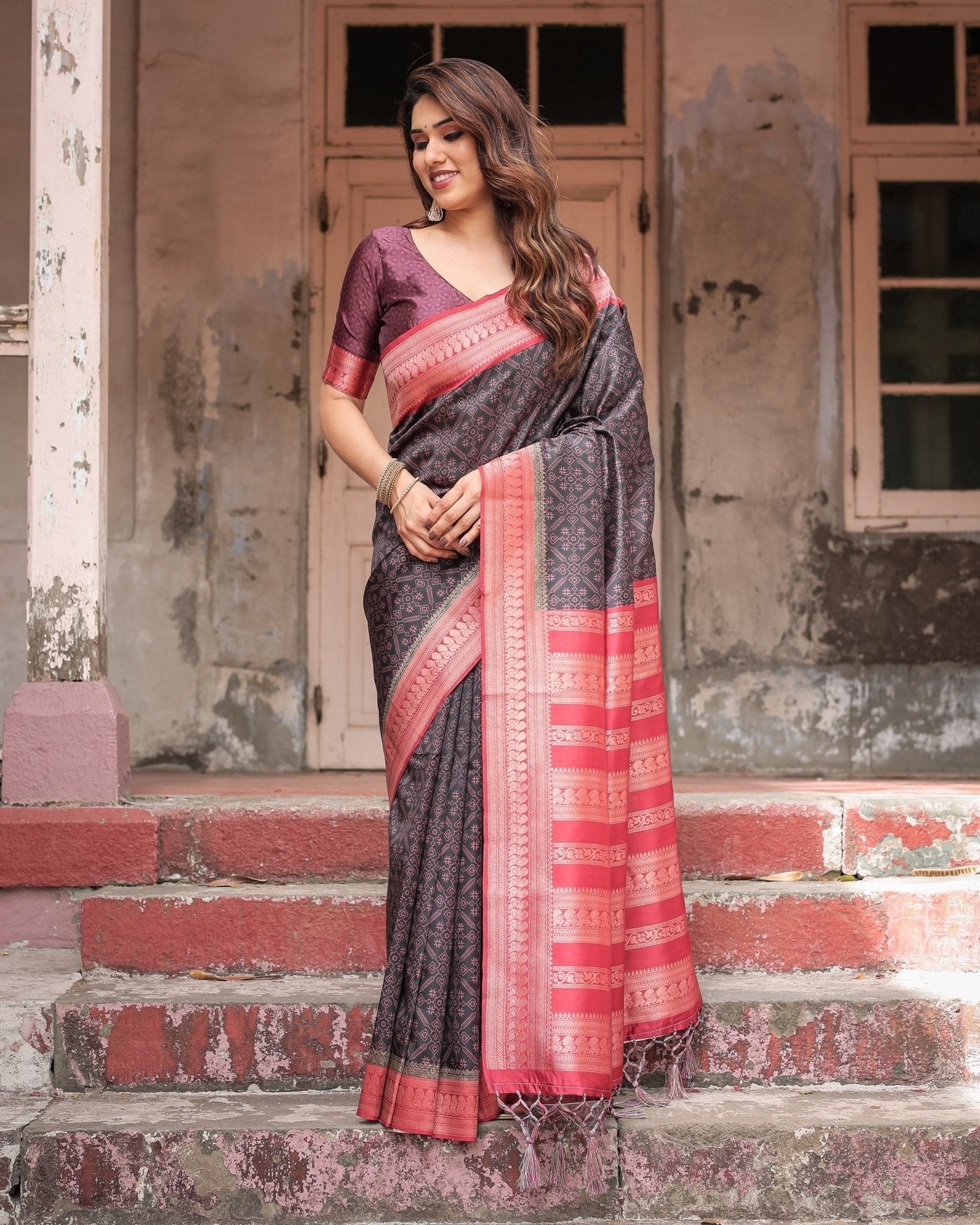 Pure Banarasi Digitally Printed Silk Saree Weaved With Zari Comes With Tassels - Almaari Fashion