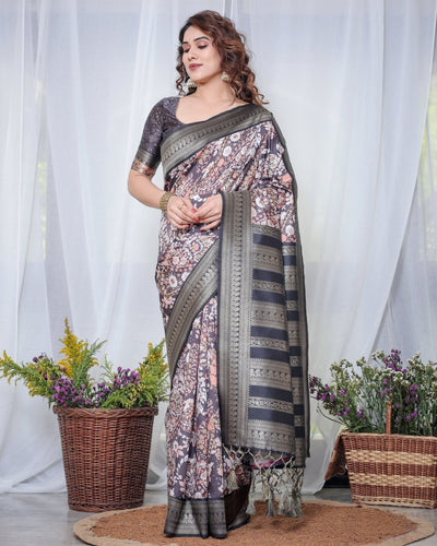 Pure Banarasi Digitally Printed Silk Saree Weaved With Zari Comes With Tassels. - Almaari Fashion