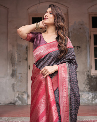 Pure Banarasi Digitally Printed Silk Saree Weaved With Zari Comes With Tassels - Almaari Fashion